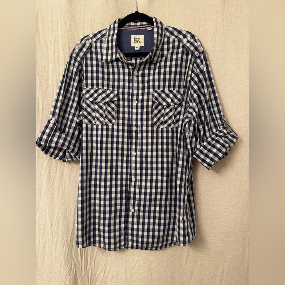 Paper Denim Cloth Navy Gingham Button Down Shirt XL Roll Tab Cotton